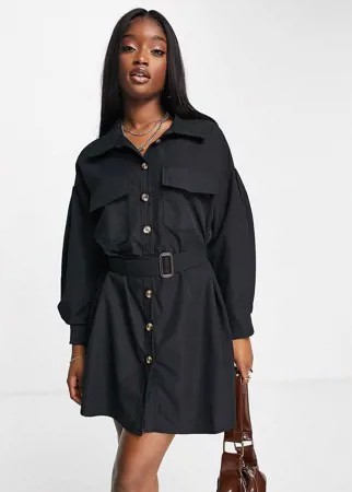Черное платье-рубашка в стиле oversized с заниженной линией плеч и поясом I Saw It First-Черный цвет