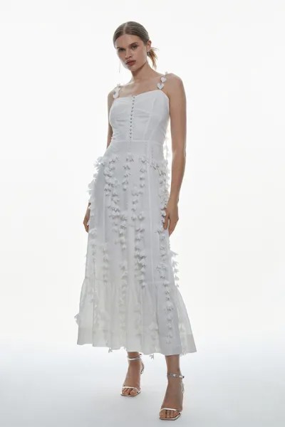 Тканое платье макси с высоким воротником и цветочной аппликацией на бретелях Karen Millen, белый