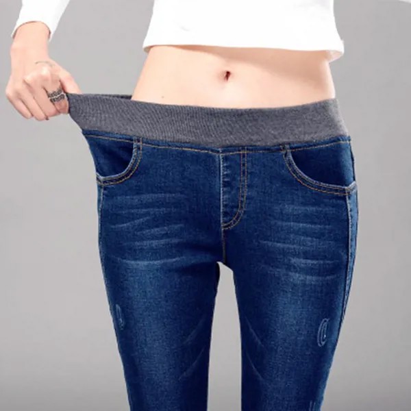 High Waist Джинс упругий Waist Plus размер растянуть женщин джинсовые брюки ноги Длинные карандаш брюки