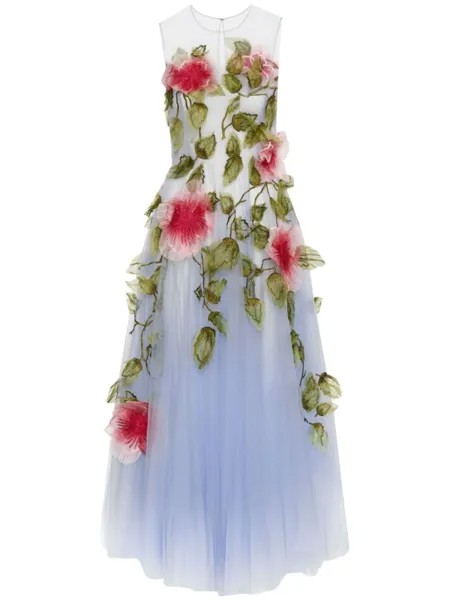 Oscar de la Renta платье Hibiscus из тюля с цветочной вышивкой, синий