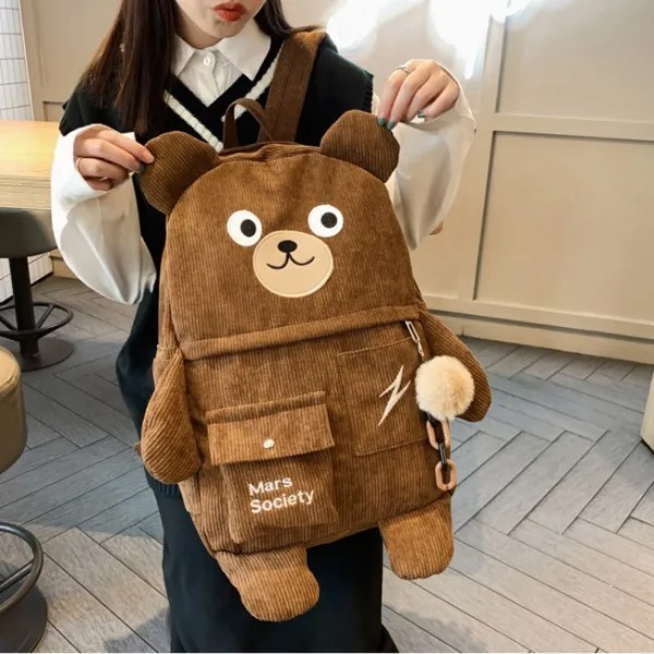 Вельветовый рюкзак в форме медведя, вместительный рюкзак, новинка 2022, мультипликационный японский милый стиль, корейский модный школьный п...