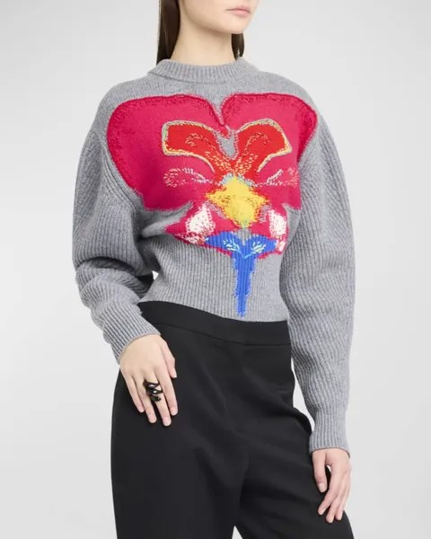 Шерстяной свитер с круглым вырезом и цветочной интарсией Alexander McQueen