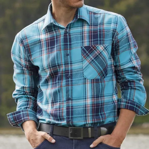 Мужская рубашка на открытом воздухе Ретро Озерно-синий Темно-синий цвет Контрастная клетчатая карманная повседневная свободная рубашка с длинным рукавом