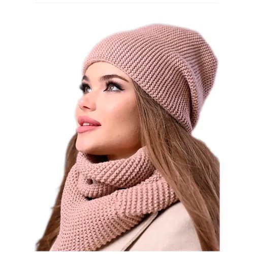Женская шапка в комплекте с шарфом зима/осень 2021-2022 / Головные уборы со снудом бини вязанная