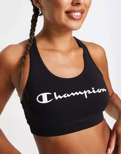 Черный спортивный бюстгальтер с большим логотипом Champion Training