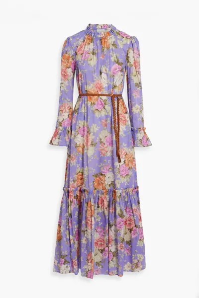 Платье макси из хлопкового газа со сборками и цветочным принтом Zimmermann, лаванда