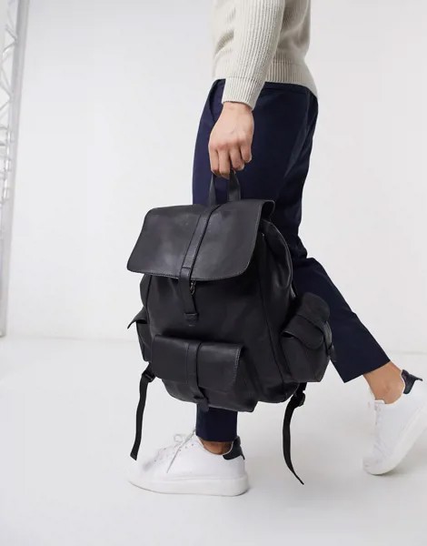 Черный кожаный рюкзак с карманами ASOS DESIGN