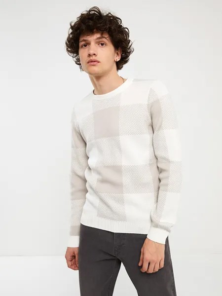 Мужской вязаный свитер в клетку с круглым вырезом и длинными рукавами LCW Casual, цвет камня