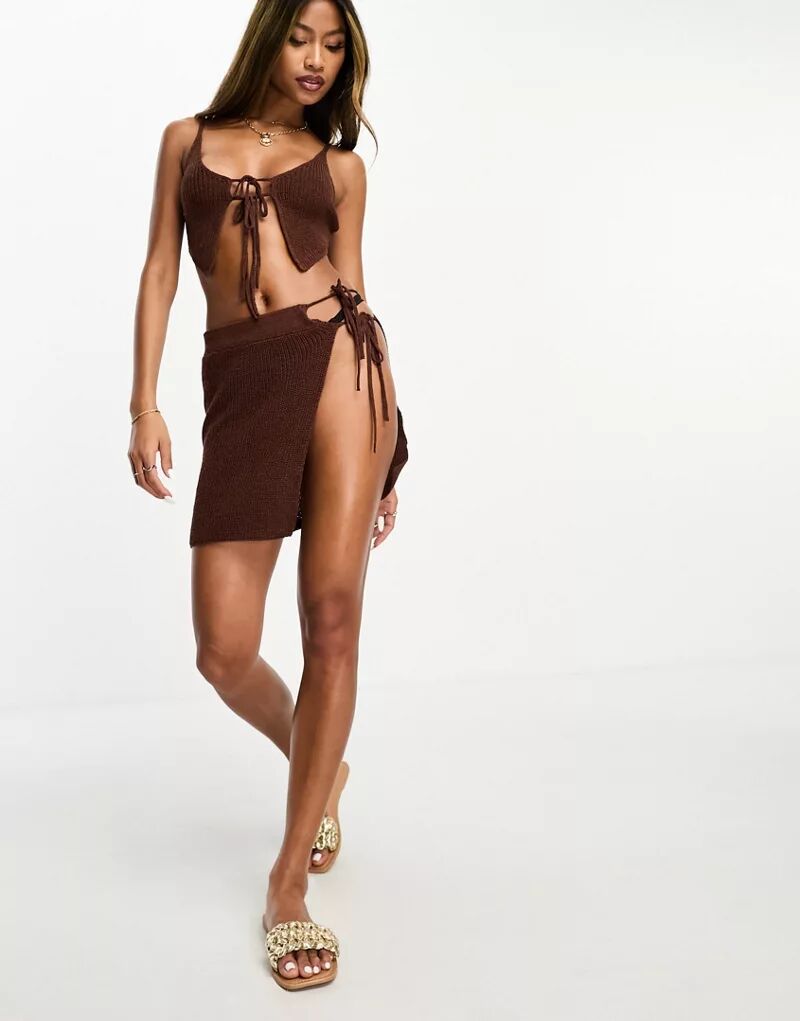 Супероблегающая пляжная юбка ASOS из легкого трикотажа коричневого цвета с завязками, однотонная