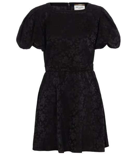 Шелковое жаккардовое мини-платье с цветочным принтом SAINT LAURENT, черный