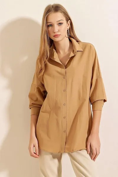 Женская однотонная рубашка большого размера цвета Camel Plain Araboy Z Giyim