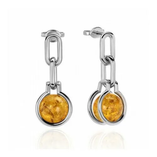 Серьги цепочки, с подвесками Twozi Серьги Сфера, серебро, 925 проба, серебрение, янтарь, размер/диаметр 8 мм, длина 3 см, белый, желтый