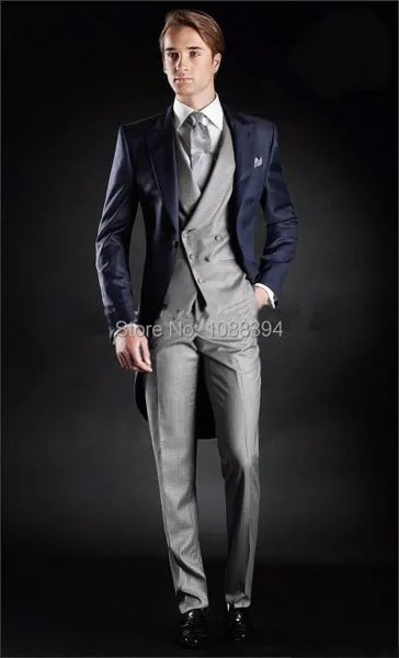 Хит продаж, смокинги для мужчин, Серебряный жилет с темно-синей курткой, одна пуговица, мужской свадебный костюм, новый стиль, острый отворот