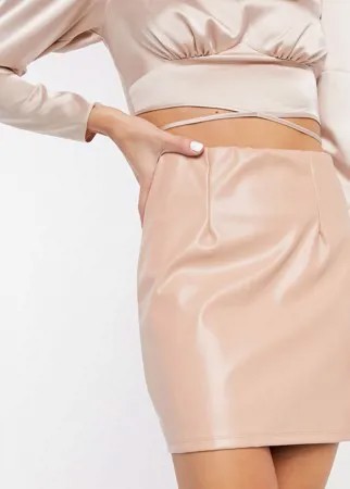 Светло-бежевая суперкороткая юбка мини из искусственной кожи с прострочкой ASOS DESIGN-Коричневый