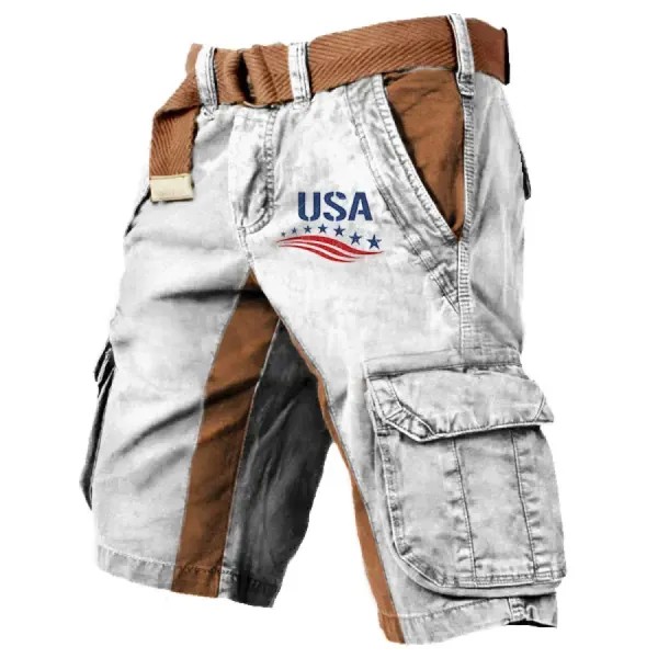 Мужские винтажные тактические шорты с принтом флага США и несколькими карманами