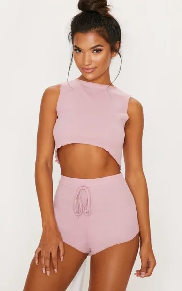 PrettyLittleThing Короткий пижамный комплект Baby Pink с оборками в рубчик