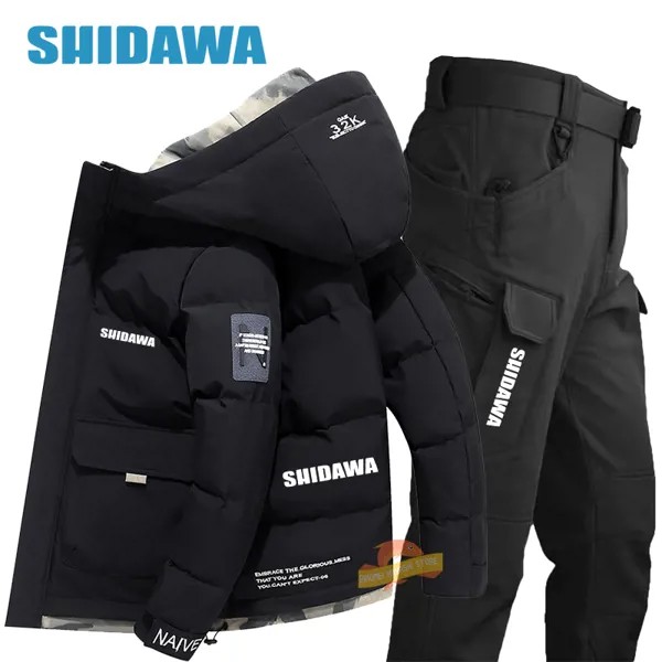 Мужские зимние Утепленные Рыболовные костюмы SHIDAWA, уличная ветрозащитная походная куртка с капюшоном и водонепроницаемые тактические брюки, комплект из двух предметов
