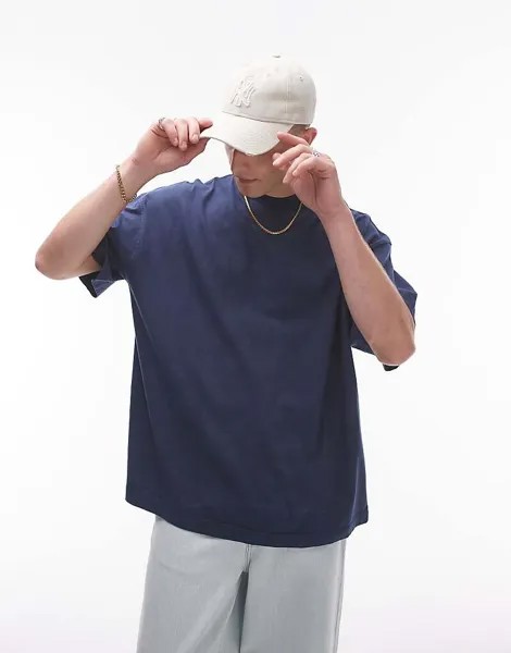 Темно-синяя футболка свободного кроя Topman с заниженной линией плеч
