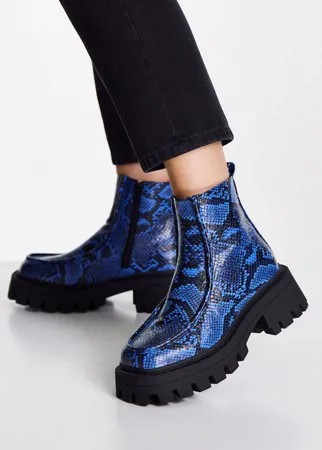 Синие ботинки со змеиным принтом в стиле лоферов на толстой подошве ASOS DESIGN Anaconda-Голубой