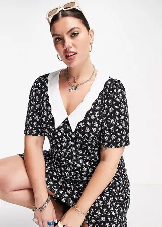 Чайное платье мини с цветочным принтом и воротником с фигурным краем ASOS DESIGN Curve-Разноцветный