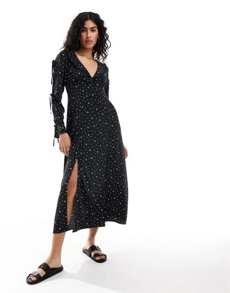 Платье макси с воротником и завязкой спереди Miss Selfridge с принтом и бантом в горошек