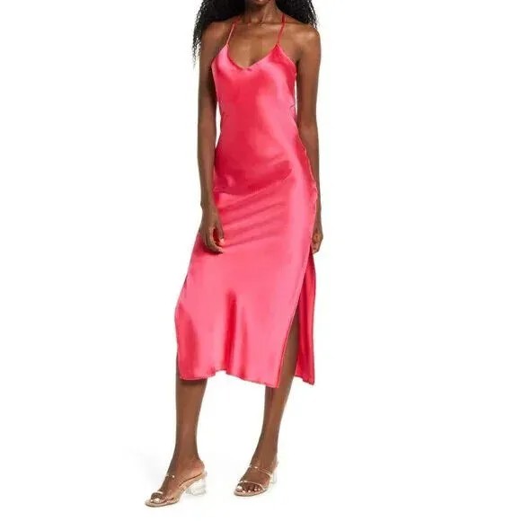 TOPSHOP Ярко-розовое атласное платье-комбинация миди с хомутом сзади и боковым разрезом 8 США СРЕДНИЙ 12UK 40EU