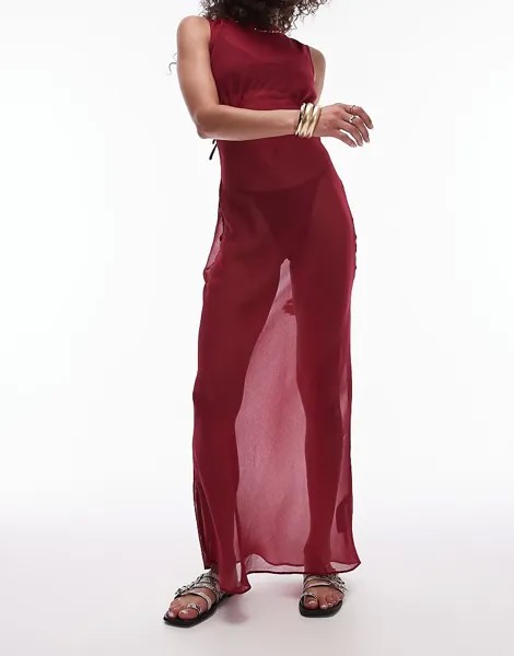 Topshop 2013 Вишнево-красное струящееся платье макси с открытыми боками