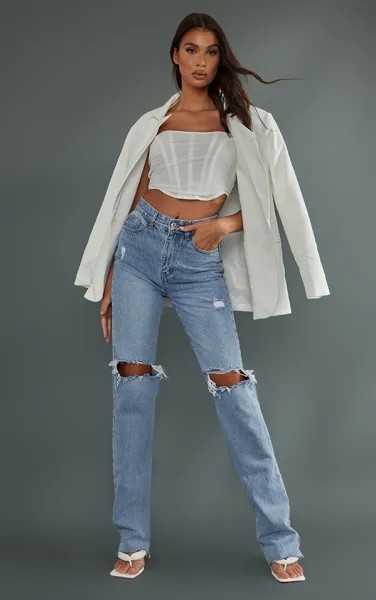 PrettyLittleThing Высокие легкие потертые удлиненные рваные джинсы прямого кроя