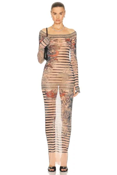 Платье Jean Paul Gaultier Printed Mariniere Tattoo Long Boat Neck, цвет Nude, Blue, & Red