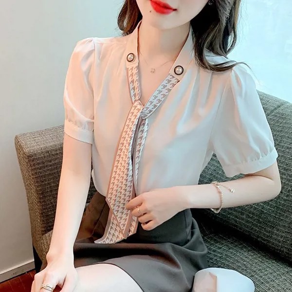 Новинка лета 2022 Корейская версия приталенной шифоновой рубашки с лентой мягкая маленькая свежая Милая Красивая блузка 869f,330-9