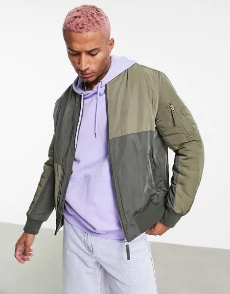 Бомбер со вставками цвета хаки Topman-Зеленый цвет
