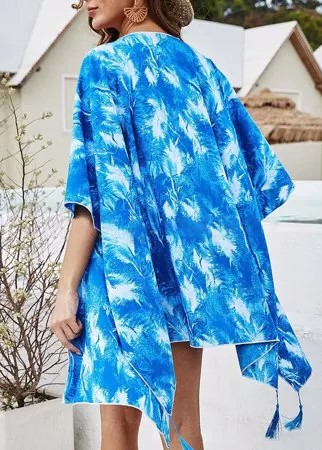 Женщины Tie Dye Print Tassel Hem Open Front Sun Protection Пляжный Накидки