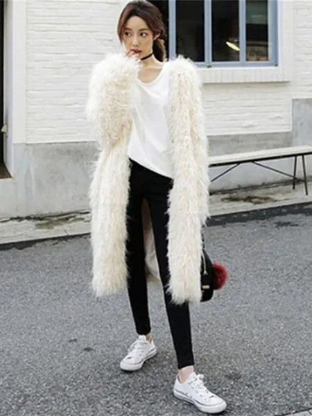Milanoo Women Faux Fur Coat Long Sleeve Oversized Long White Overcoat