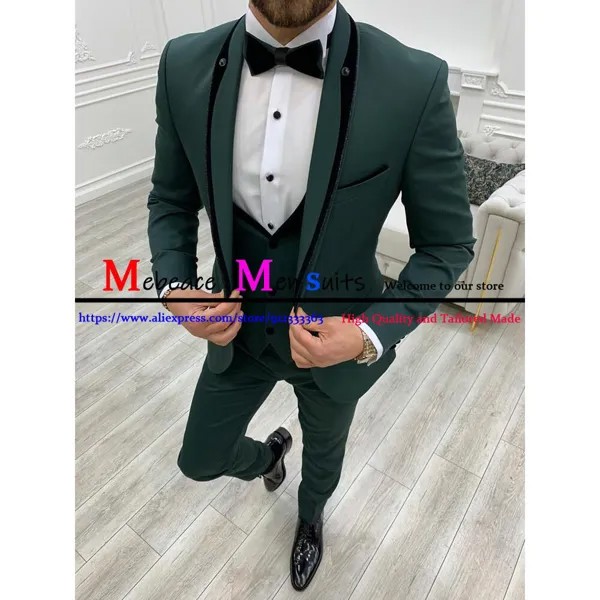 Облегающие мужские костюмы для выпусквечерние вечера, одежда для жениха, мужская одежда с зеленым остроконечным лацканом и женихом, мужские официальные блейзеры, 3 предмета, куртка, жилет, брюки