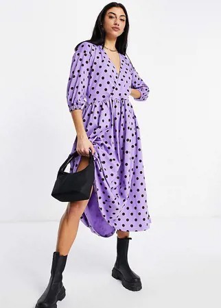 Платье миди с присборенной юбкой и запахом на лифе фиолетового цвета в черный горошек ASOS DESIGN Tall-Фиолетовый цвет