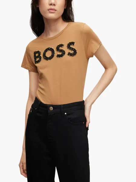 Футболка HUGO BOSS Evenitsa Sequin Logo, средний бежевый