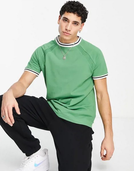 Зеленая футболка из пике с контрастной белой отделкой ASOS DESIGN-Зеленый цвет