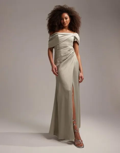 Атласное платье макси с драпировкой и вырезом ASOS DESIGN Bridesmaid шалфейного цвета