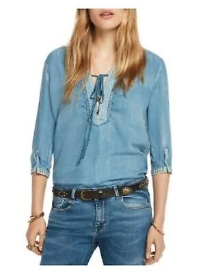 SCOTCH - SODA Женский синий джинсовый топ с завязками спереди и рукавами с манжетами для работы Hi-Lo S