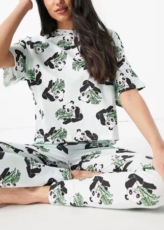 Пижама из футболки и леггинсов с принтом панд и пальмовых листьев мятного цвета ASOS DESIGN-Зеленый цвет
