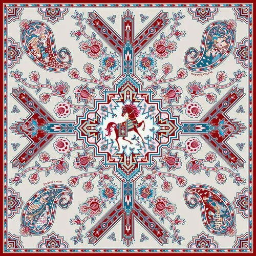 Платок Русские в моде by Nina Ruchkina,90х90 см, белый, красный