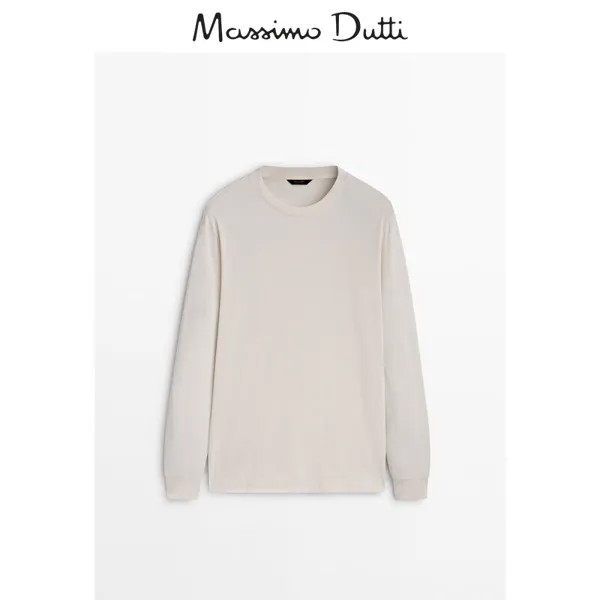 Летняя новинка Massimo Dutti, мужская новинка 2024 года, базовый базовый слой, удобная хлопковая футболка с длинными рукавами и круглым вырезом 01444750712, цвет кремовый