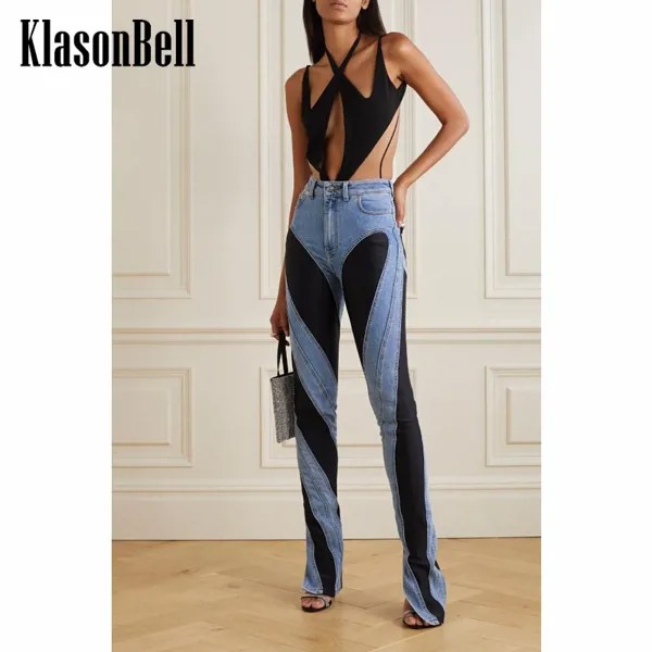 8,25 KlasonBell модные с разрезом подол Лоскутные контрастные цвета тонкие расклешенные джинсы для женщин