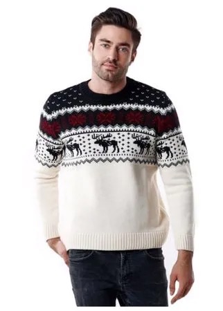 Мужской свитер, классический скандинавский орнамент северные Олени и снежинки, натуральная шерсть, белый цвет, размер S