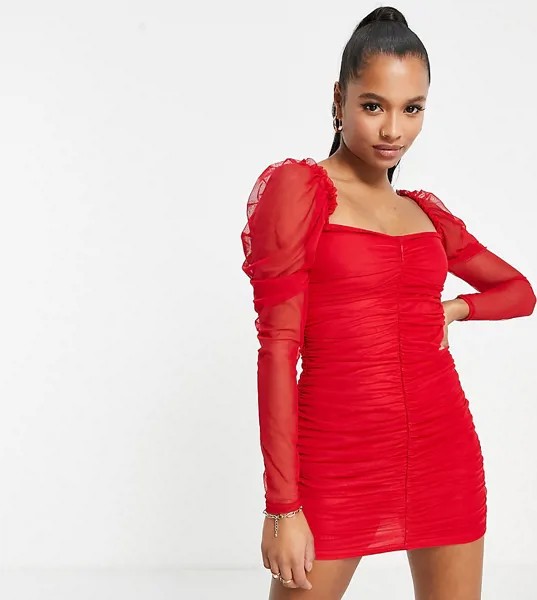 Платье мини красного цвета с длинными рукавами и сборками Missguided Petite-Красный