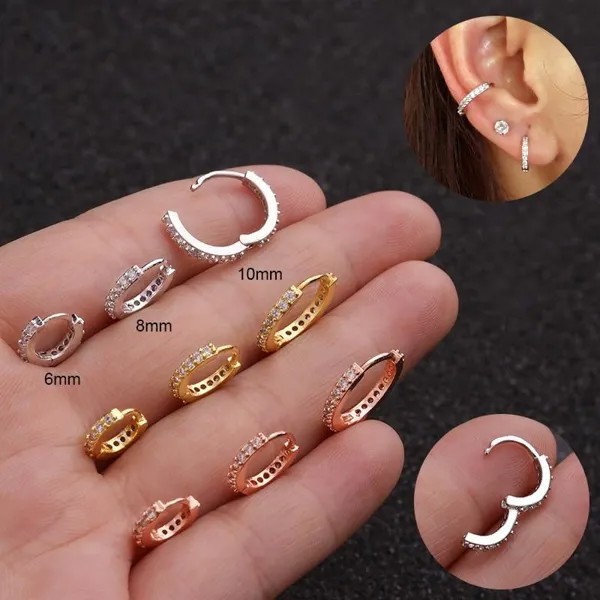 2шт 6мм 8мм10мм Cz Хрящ Huggie Hoop Серьга Маленькие обручи Helix Tragus Rook Daith Snug Пирсинг Ювелирные изделия