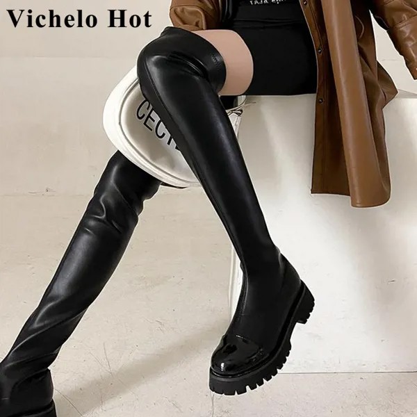 Сапоги Vichelo женские стрейчевые, Зимние ботфорты из коровьего спилка на платформе, на среднем каблуке, с круглым носком, в британском стиле, большие размеры до 43, l10