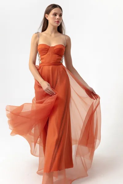 Женское серебристое длинное вечернее платье расклешенного кроя с ремешком из плитки и камнями Lafaba, оранжевый