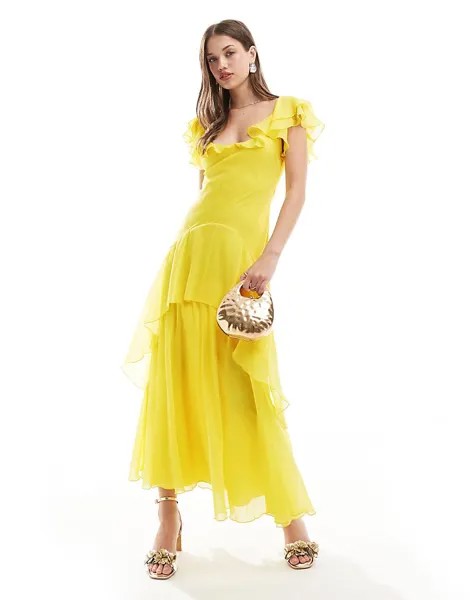 ASOS DESIGN – желтое платье миди с рюшами и расклешенными рукавами