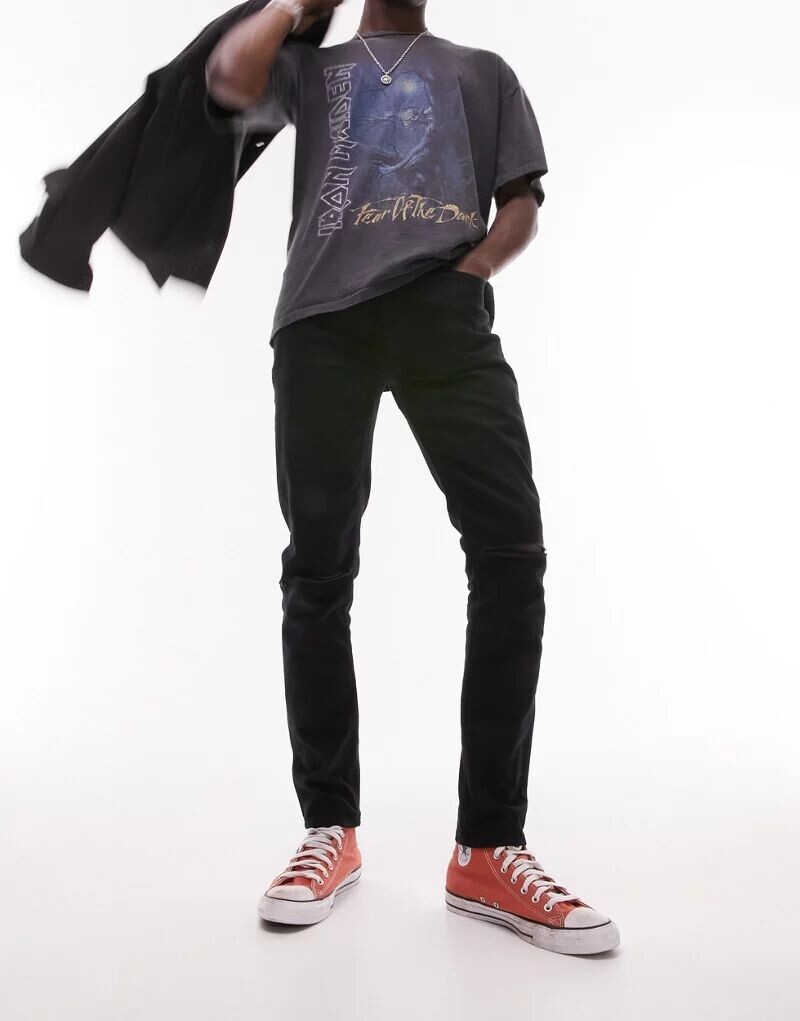 Черные эластичные джинсы скинни с рваными коленями Topman